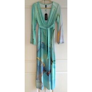 NORACORA Maxi Dress Aqua Landscape Boho Tie Belt Deep V-Neck Bell Sleeve NWT‎
